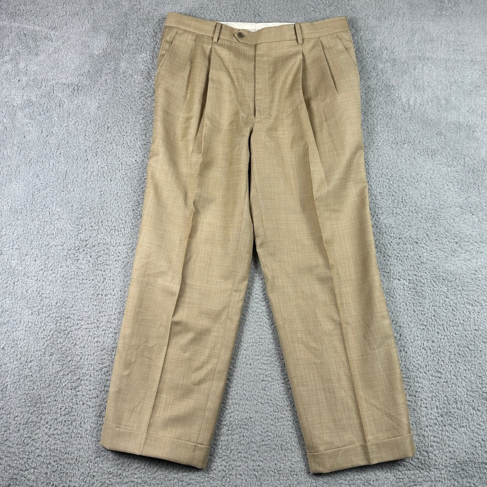 Turnbury Pleated Dress Pants Mens 34R (Fits 34x29) Tan 100% Wool Cuffed Trousers